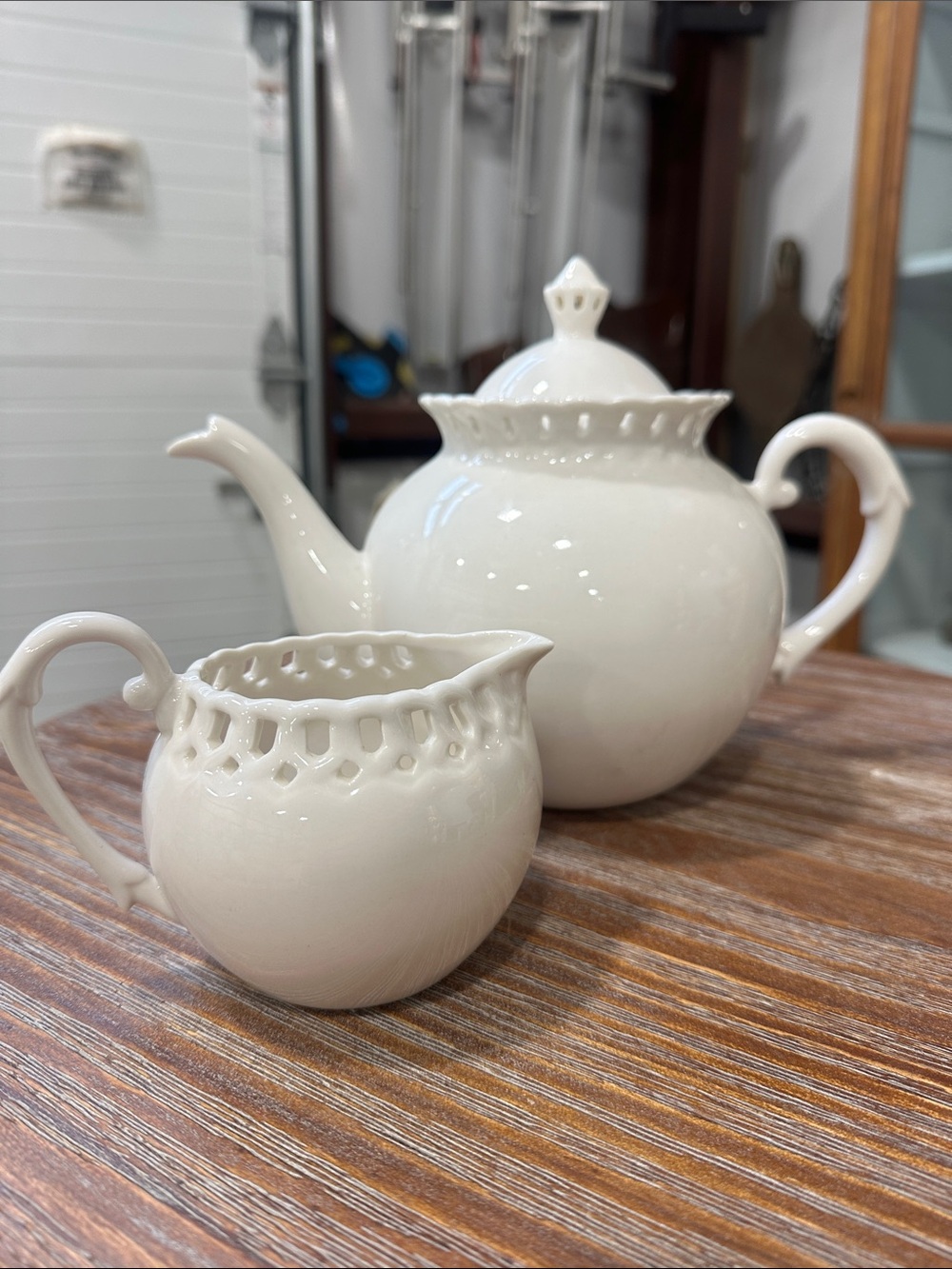 Cream Ceramic Decorative Pitcher and creamer with Scalloped Cutout Detail